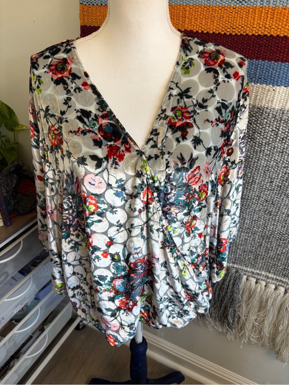 Maeve Silver Floral Velvet Burnout Blouse